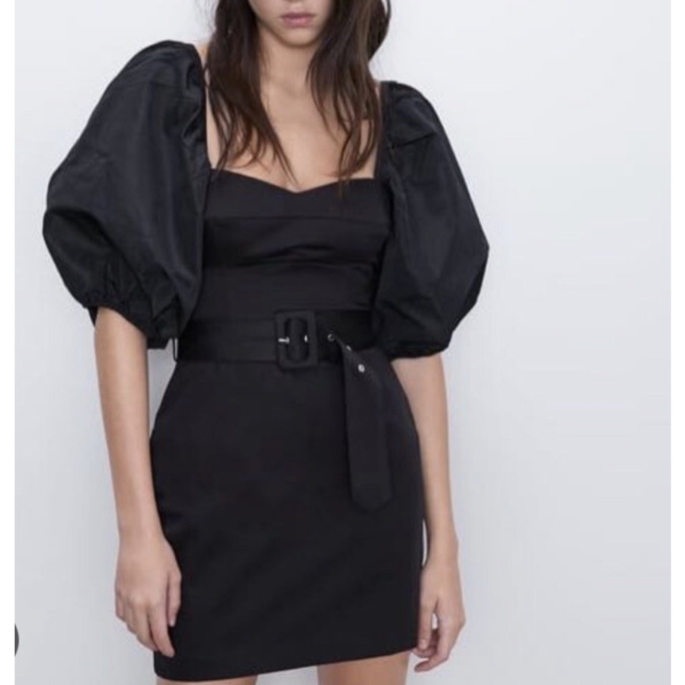Zara Black Belted Mini Dress with Puff Sleeves